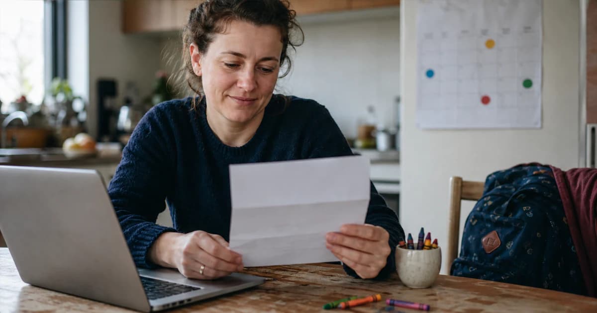 Een ouder controleert aan de keukentafel een SVB-besluit, kwartaalbetaalkalender en beschermde kinderbijslagdocumenten