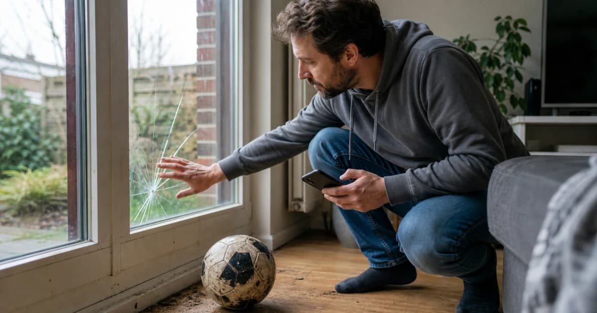 Een woonkamer met een bank, televisie en kamerplant beschut onder een grote paraplu, met een voetbal die op de achtergrond richting een raam vliegt