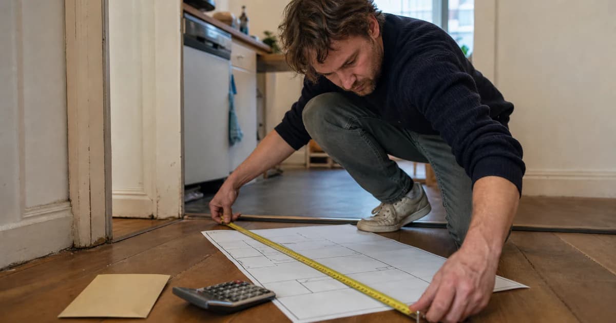 Een huurder meet een plattegrond van een appartement met een liniaal, naast een rekenmachine met een puntentotaal en een brief van de huurcommissie