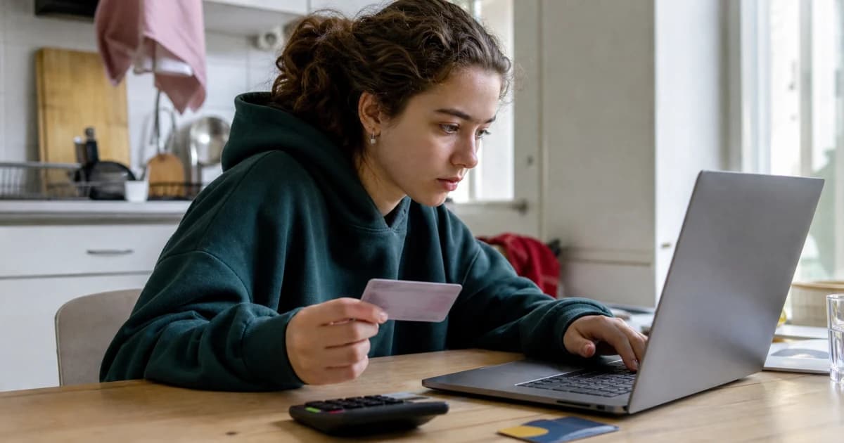 Een student controleert een aanvraag voor studiefinanciering naast een verblijfsdocument, ov-kaart en rekenmachine